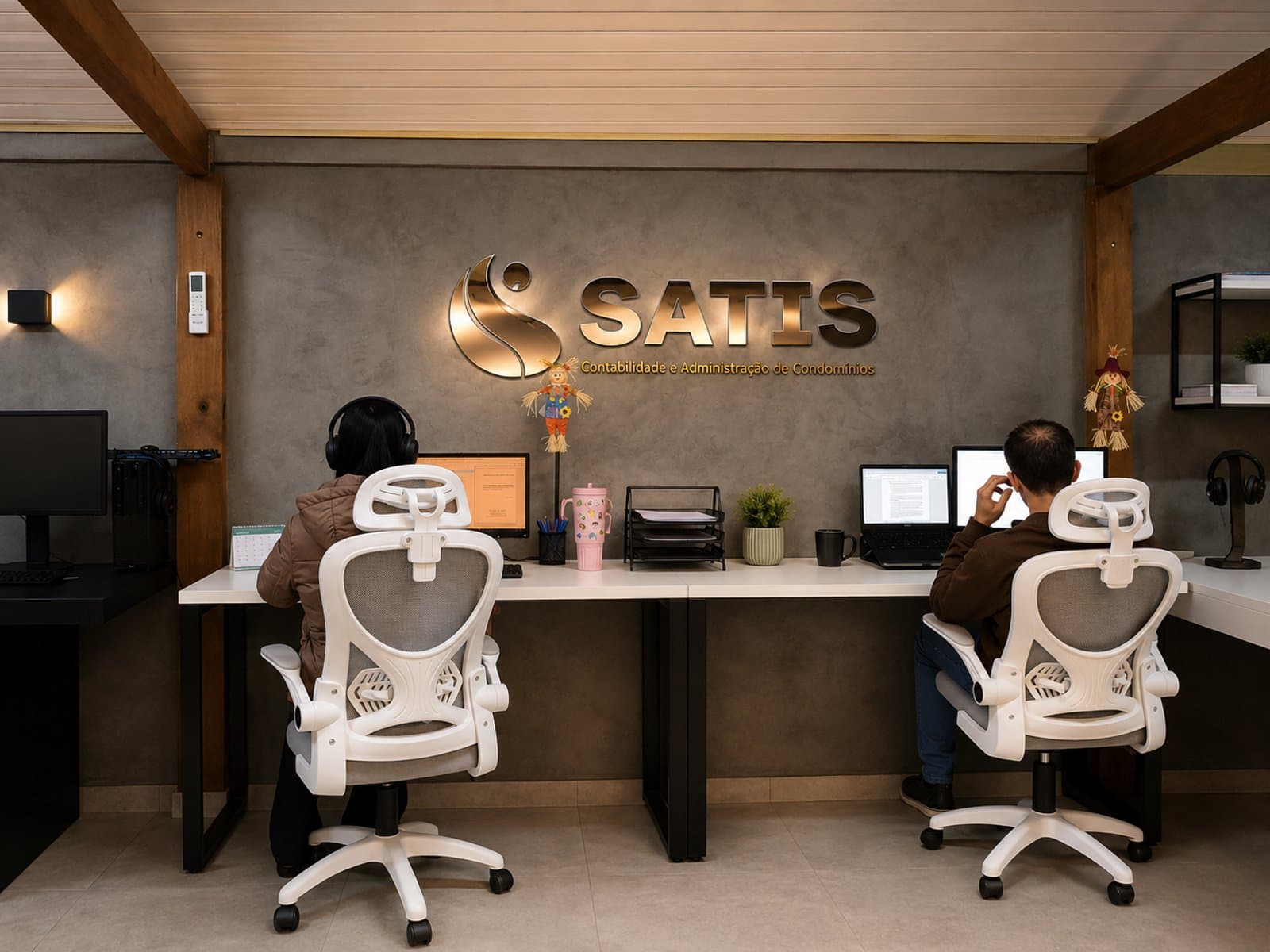 Equipe da Satis trabalhando nas estações do escritório